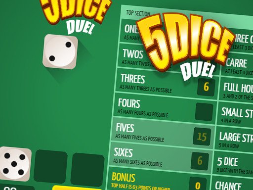 Colorful dice rolling in an exciting game of 5Dice Duel