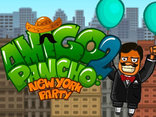 Amigo Pancho flying with balloons over colorful obstacles