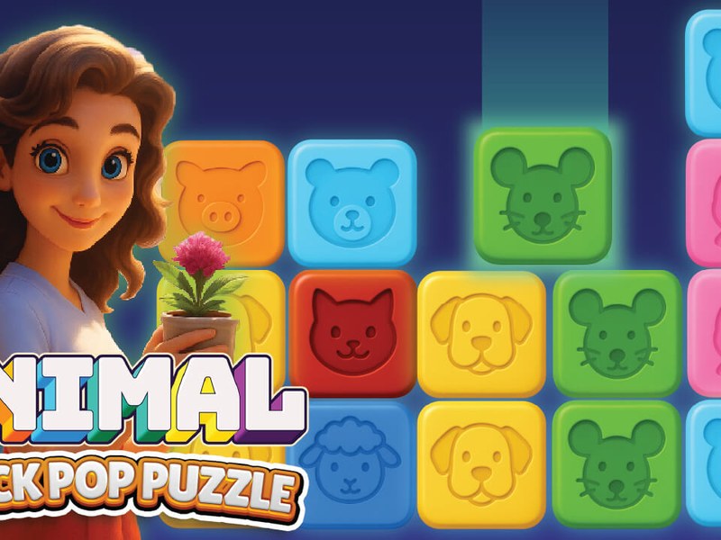 Colorful scene from Animal Block Pop Puzzle with cute animal blocks