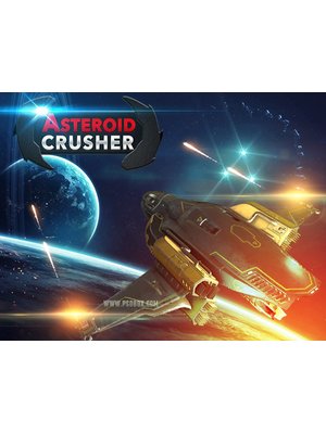Asteroid Crusher gameplay showing a hero shooting asteroids