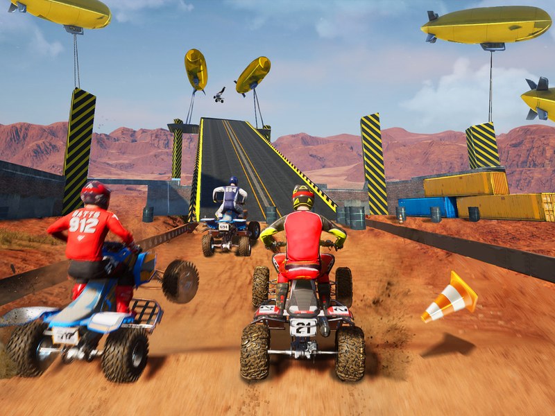 Exciting ATV racing through sandy dunes and muddy trails