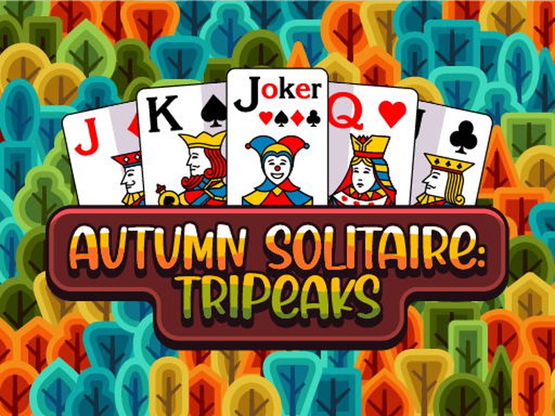Colorful autumn leaves surround a solitaire card game scene