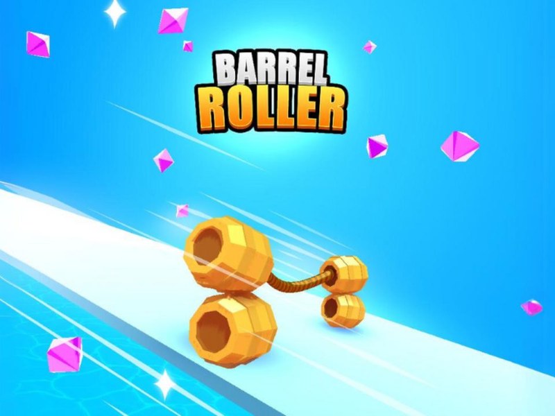 Exciting scene of Barrel Roller with colorful barrels stacked high