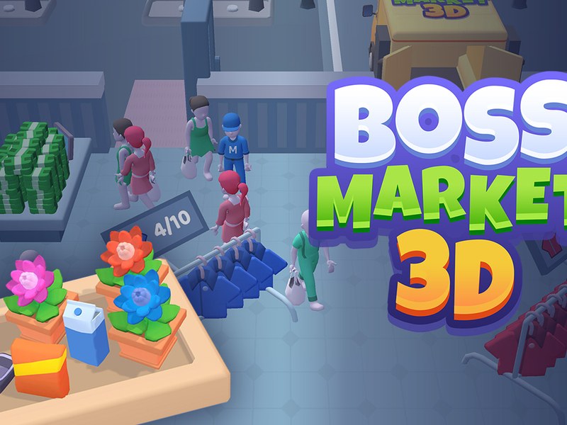 Screenshot of Boss Market showing a colorful market with happy customers