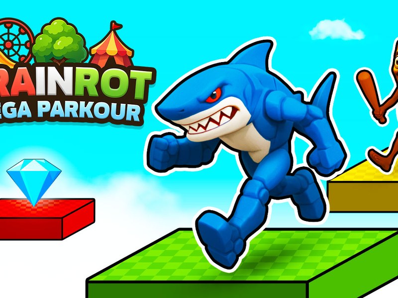 Exciting scene from Brainrot Mega Parkour with colorful characters jumping and dodging obstacles