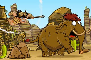 Exciting scene of a caveman launching to catch animals