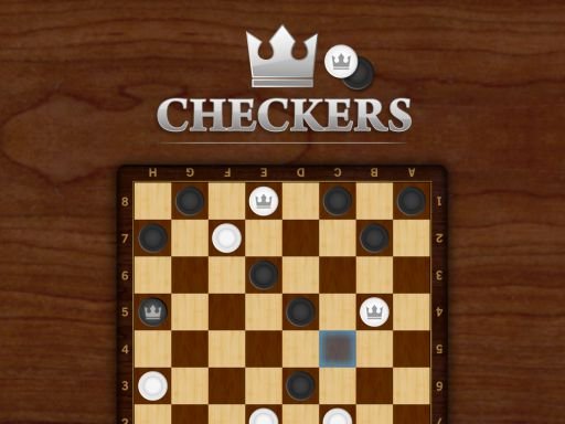 Checkers game board with black and white pieces in play