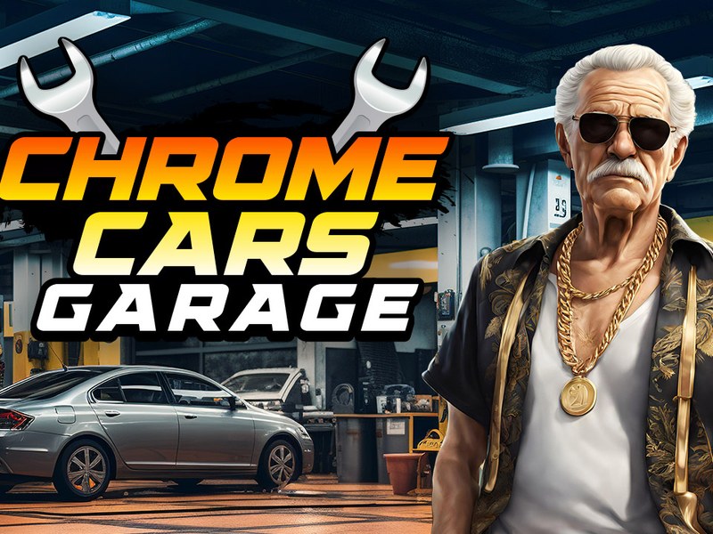 Screenshot of Chrome Cars Garage showing colorful cars and tools