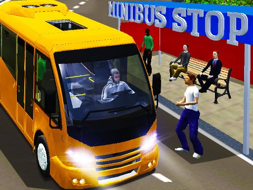 City Minibus Driver — a vibrant city scene with a minibus picking up passengers