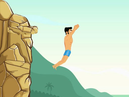 Exciting scene of a brave diver leaping off a cliff into sparkling water