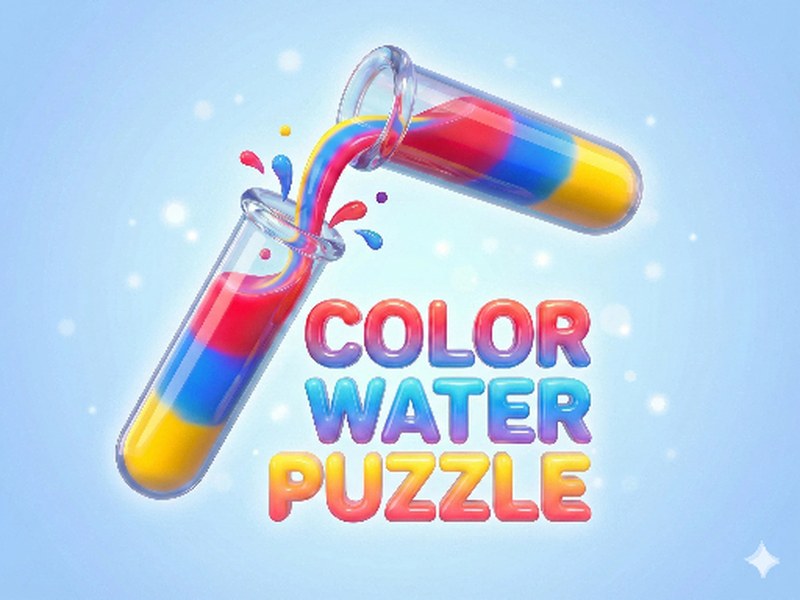 Color Water Puzzle — vibrant scene of colorful water being poured into glasses