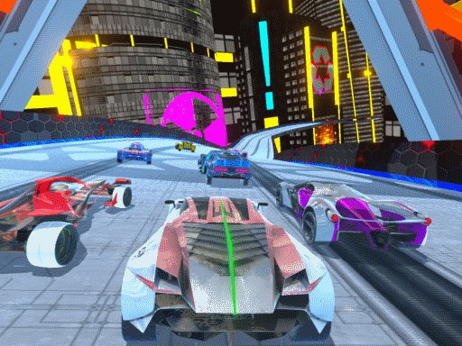 Exciting scene from Cyber Cars Punk Racing with neon supercars racing