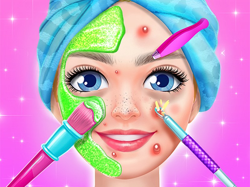 Colorful scene of models getting makeovers in a vibrant salon