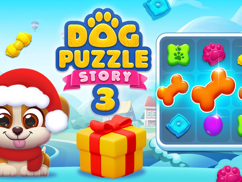 Colorful winter garden with Charlie the puppy solving puzzles