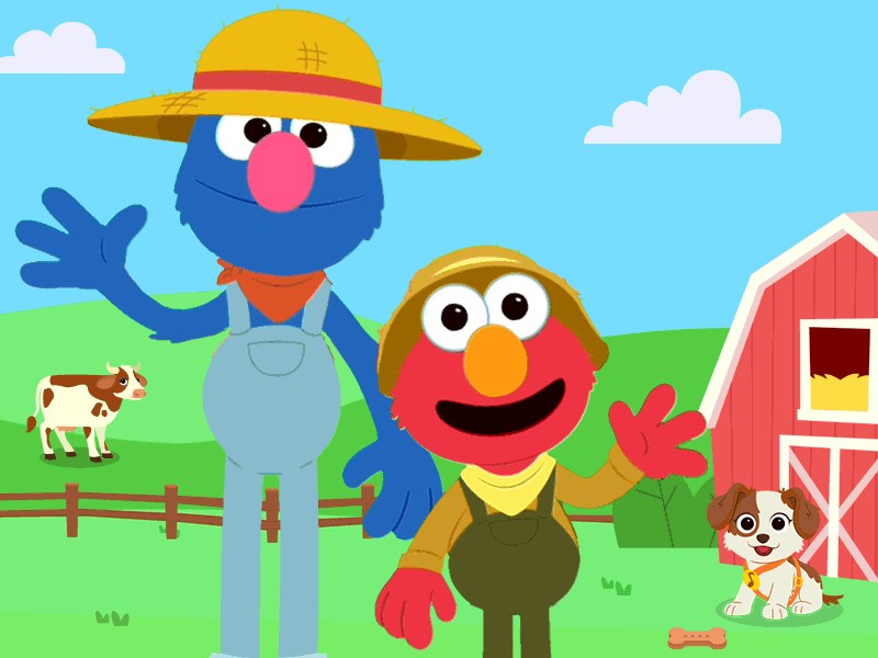 Elmo and Grover enjoying a sunny day on the farm, surrounded by animals and crops