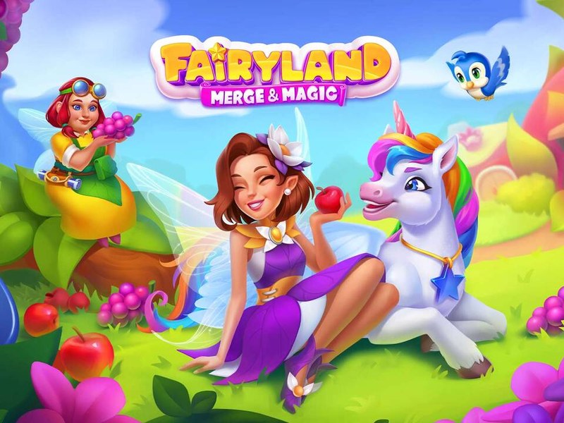 A vibrant scene from Fairyland Merge & Magic with colorful characters and magical landscapes
