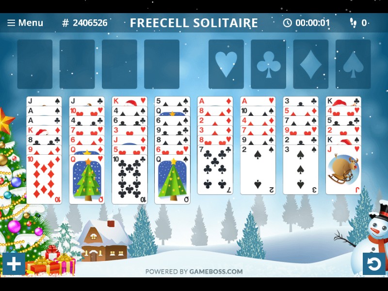 Screenshot of Freecell Christmas with festive cards and winter colors