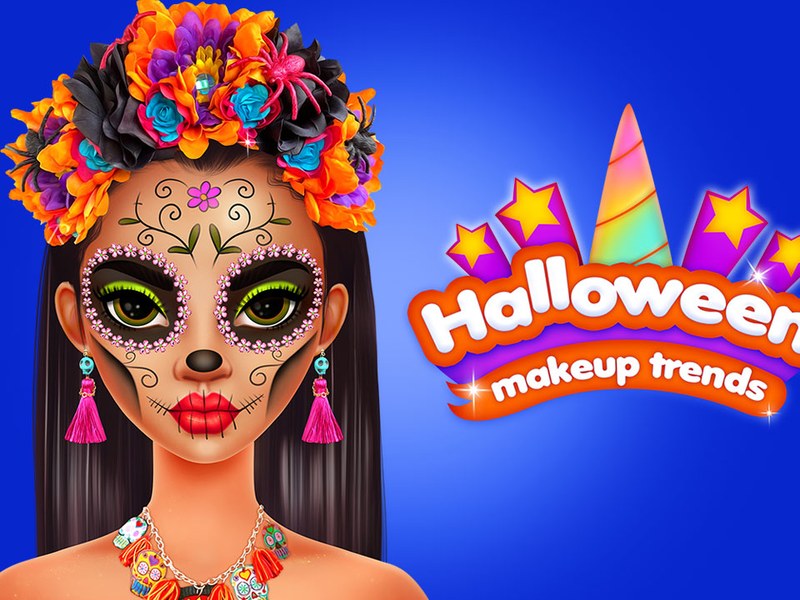 A fun scene showing colorful Halloween makeup designs and tools