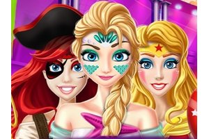 Colorful scene of princesses in Halloween costumes at a party