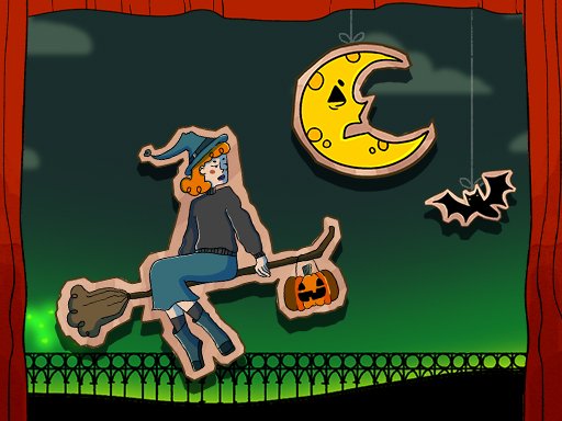 A witch flying on a broomstick through a spooky forest filled with ghosts and bats