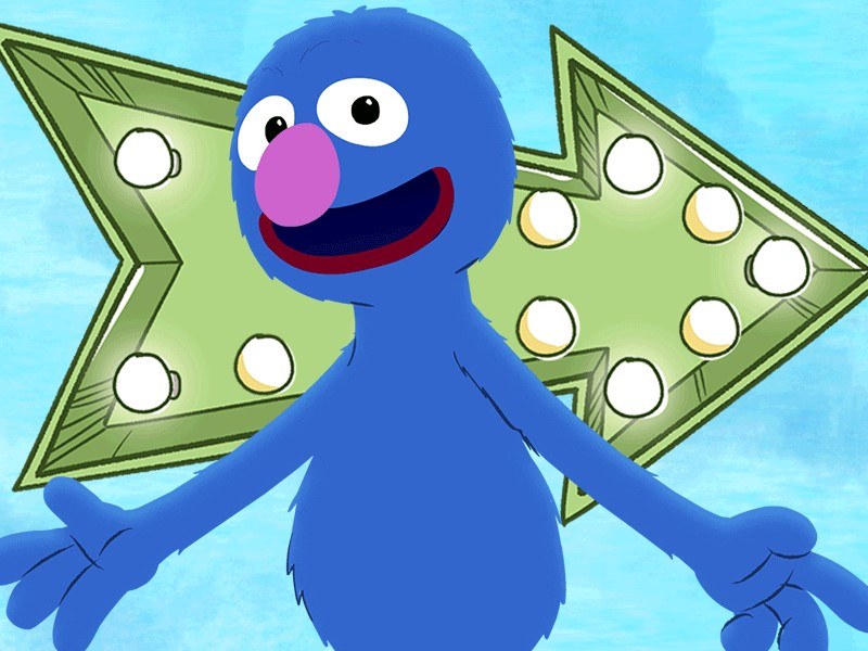 A colorful scene from The Monster at the End of This Game with Bert looking nervous
