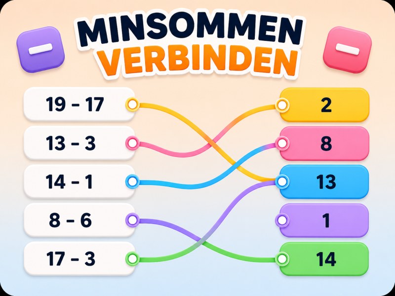 Exciting game scene of kids connecting subtraction problems to answers