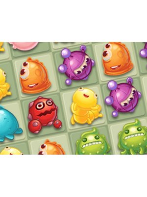 Colorful monsters in a vibrant temple setting ready for a match-3 challenge