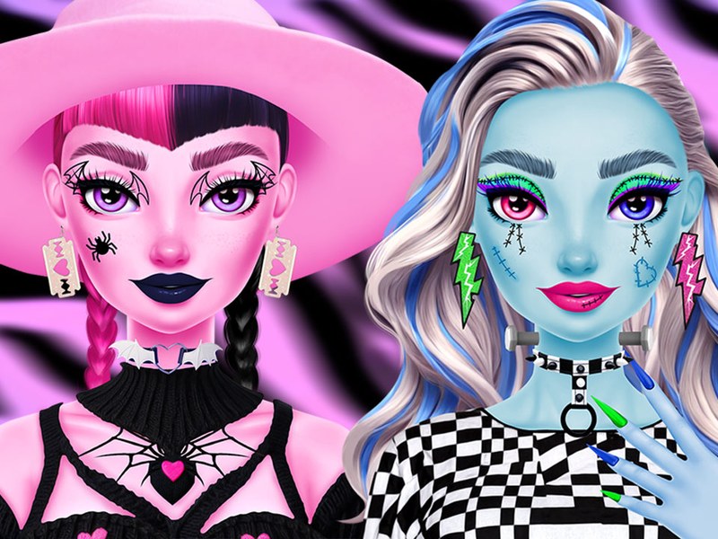 Colorful scene of characters getting spooky makeovers with fun makeup and outfits