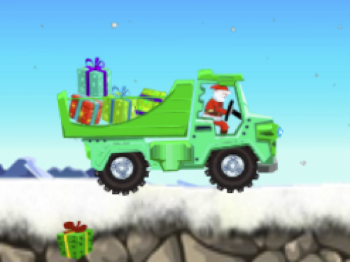 Santa driving a festive sleigh filled with colorful presents
