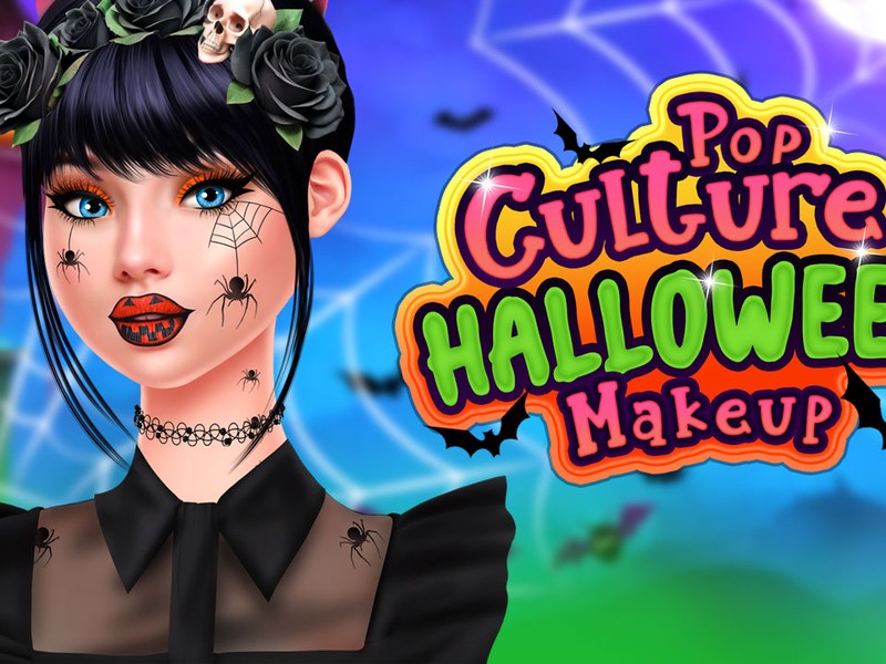 Colorful Halloween makeup scene with various characters and accessories