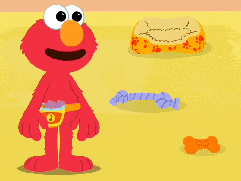 Elmo playing with a cute puppy named Tango in a colorful setting