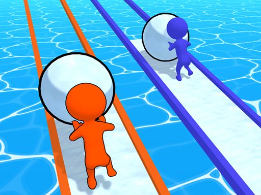 Exciting scene from Snowball Racing with players rolling giant snowballs