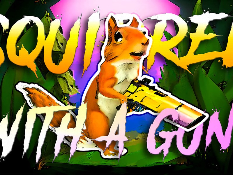 Action-packed scene of a squirrel battling enemies with a gun
