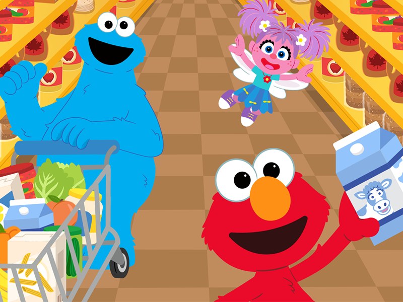 Exciting scene from Supermarket Challenge with kids shopping and solving puzzles