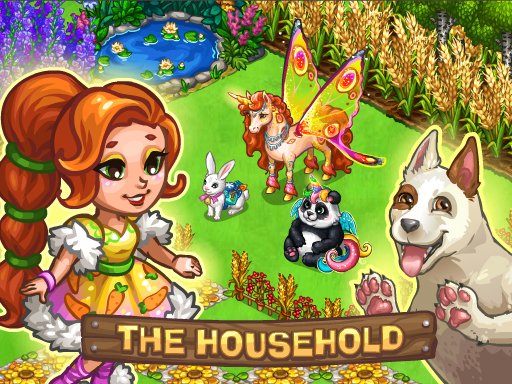 The Household — vibrant scene of a lively farm with crops and animals