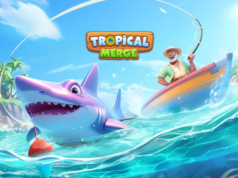 Colorful scene of Tropical Merge with vibrant islands and merging objects