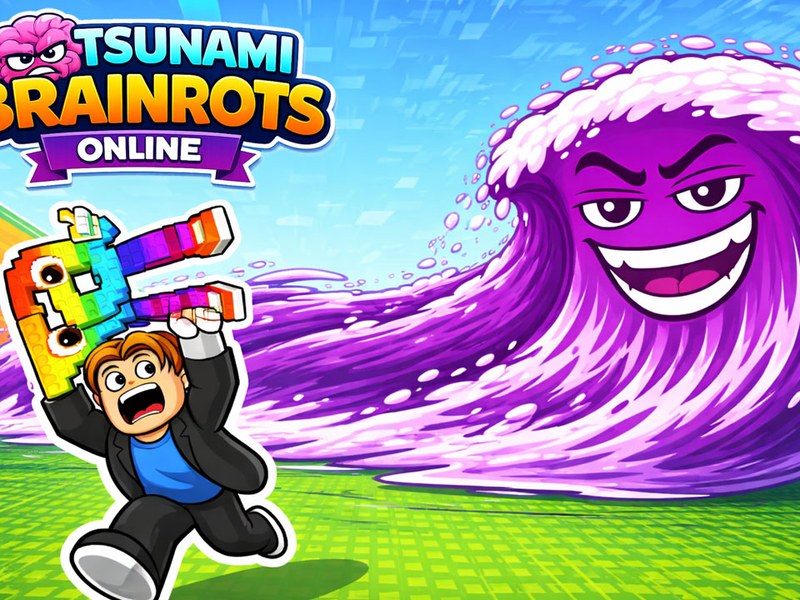 Tsunami Brainrots Online — players escaping a giant wave while collecting funny characters