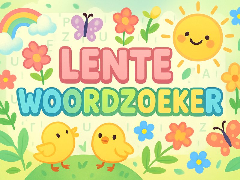 Spring Word Search — vibrant scene with blooming flowers and butterflies