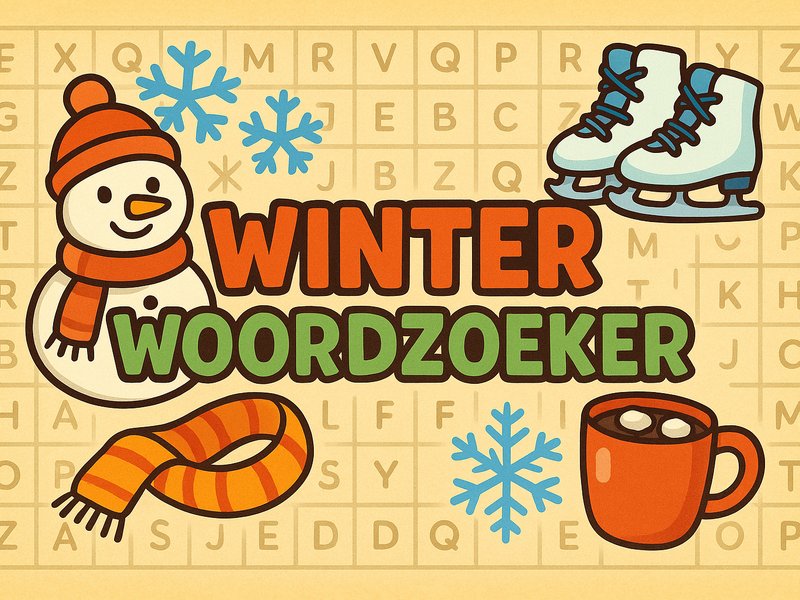 Colorful winter-themed word search puzzle with words like snow and ice