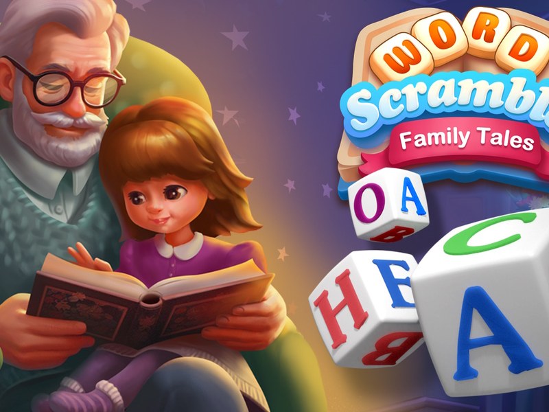 Colorful scene from Word Scramble - Family Tales with fun characters and puzzles