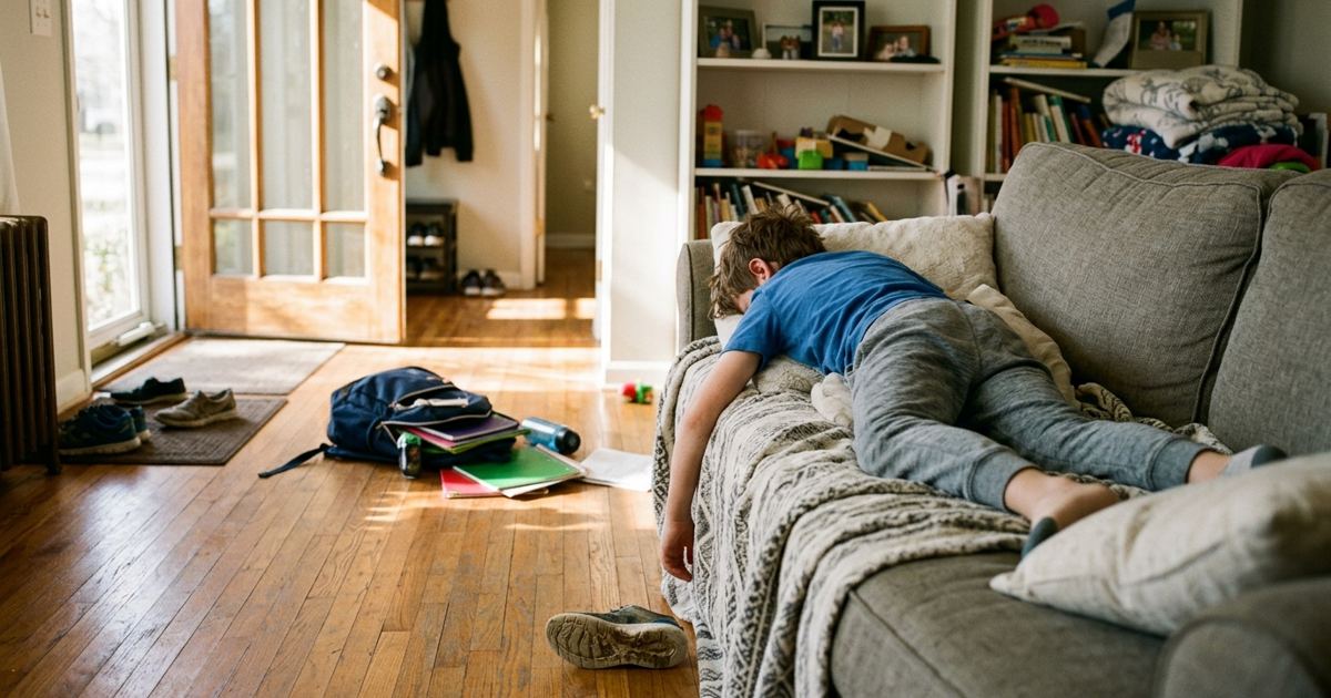 Kid melted dramatically onto the couch after school, backpack spilled by the door