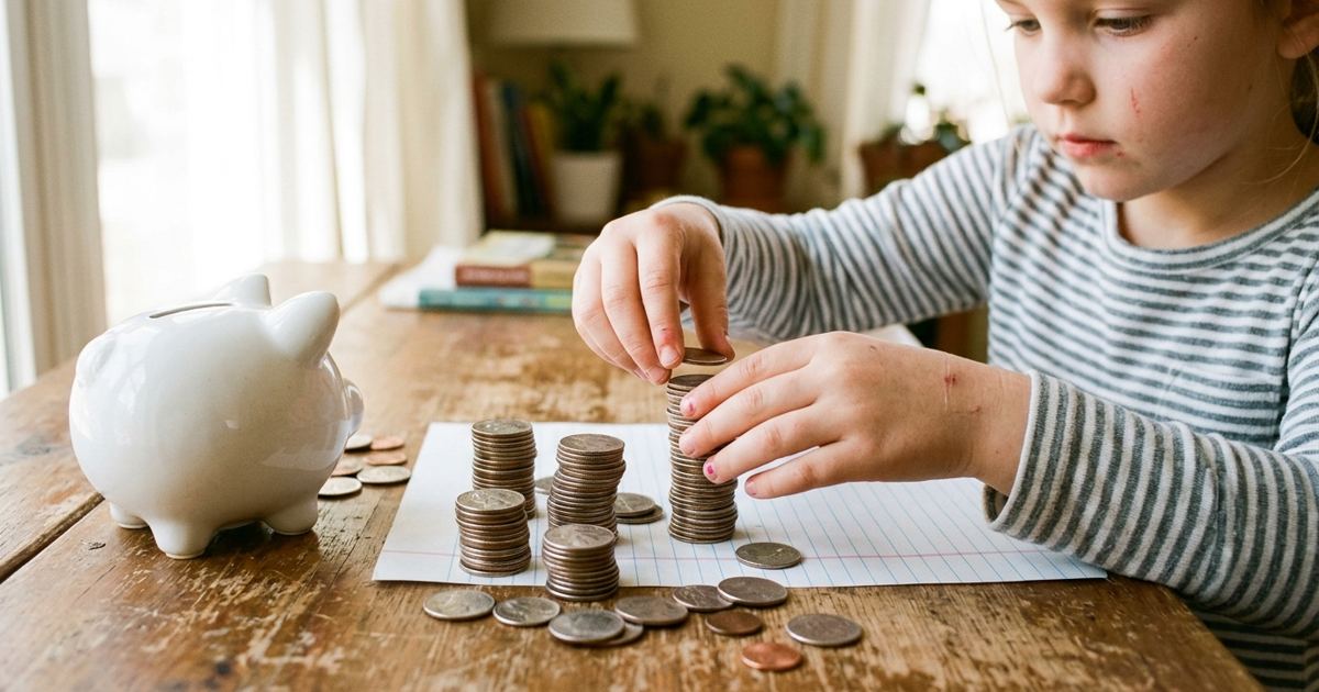 Child's hands stacking quarters into small towers on a desk next to a piggy bank