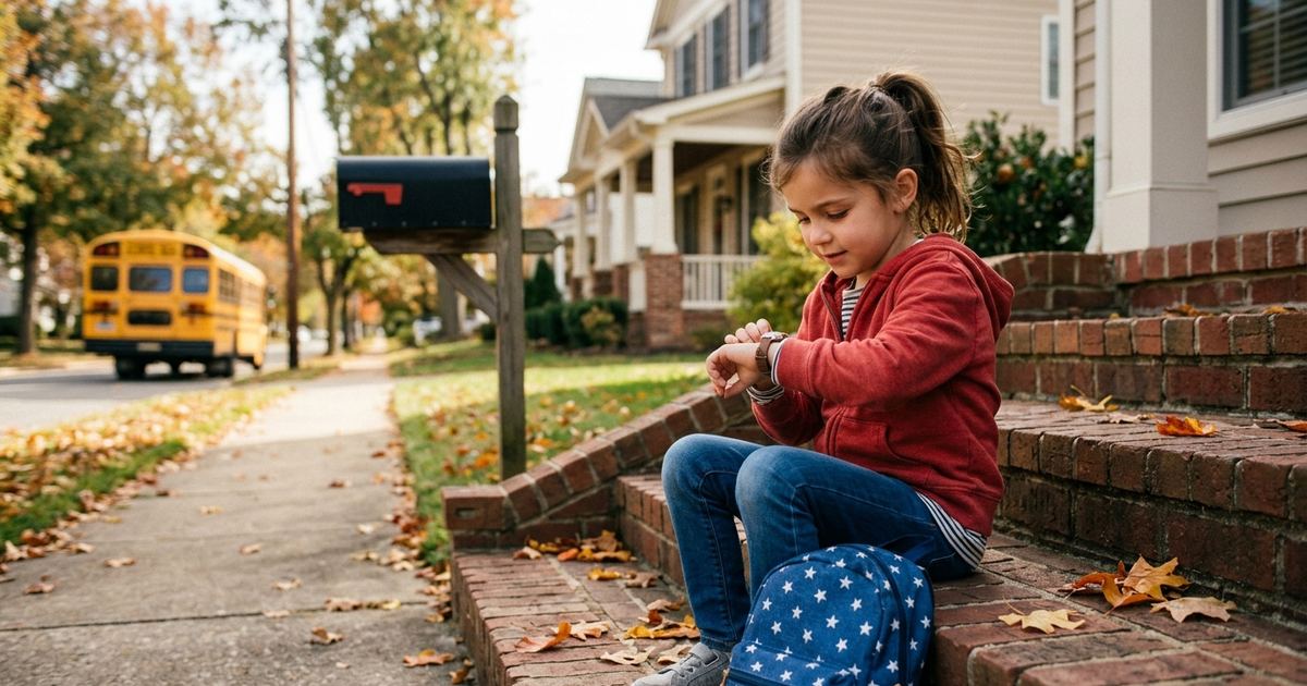 Second grader in a red hoodie on suburban front steps checking a wristwatch, school bus far down the street