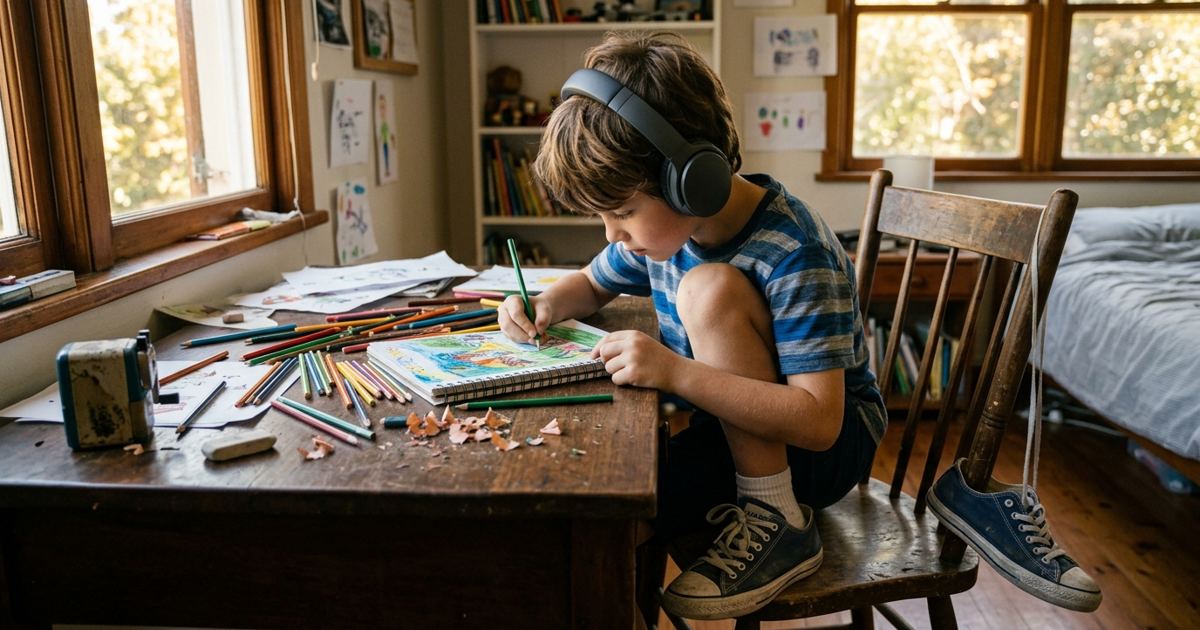 Child drawing at a desk with headphones on, absorbed in an audiobook