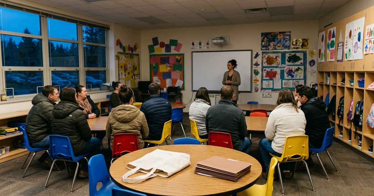 Parents sitting in small student chairs in an elementary classroom at dusk, facing the teacher at the front
