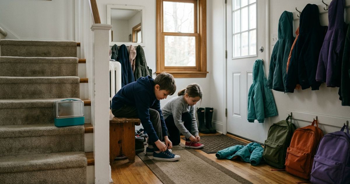 Two kids putting on sneakers by the front door on a school morning with backpacks lined up in sunrise light