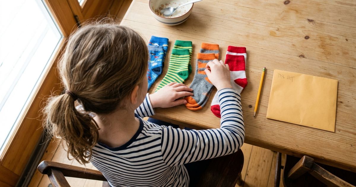 Girl at a kitchen table lining up mismatched socks in color rows next to a pencil tally on an envelope