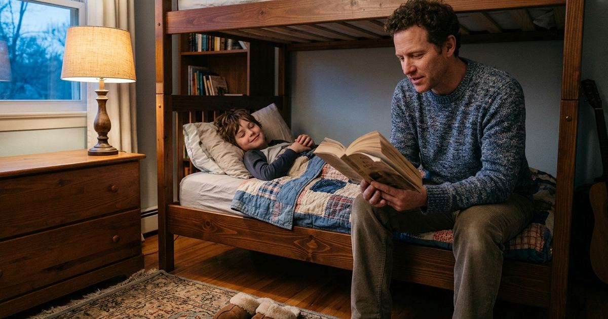 Parent reading a novel aloud on the edge of a bunk bed while an older kid listens