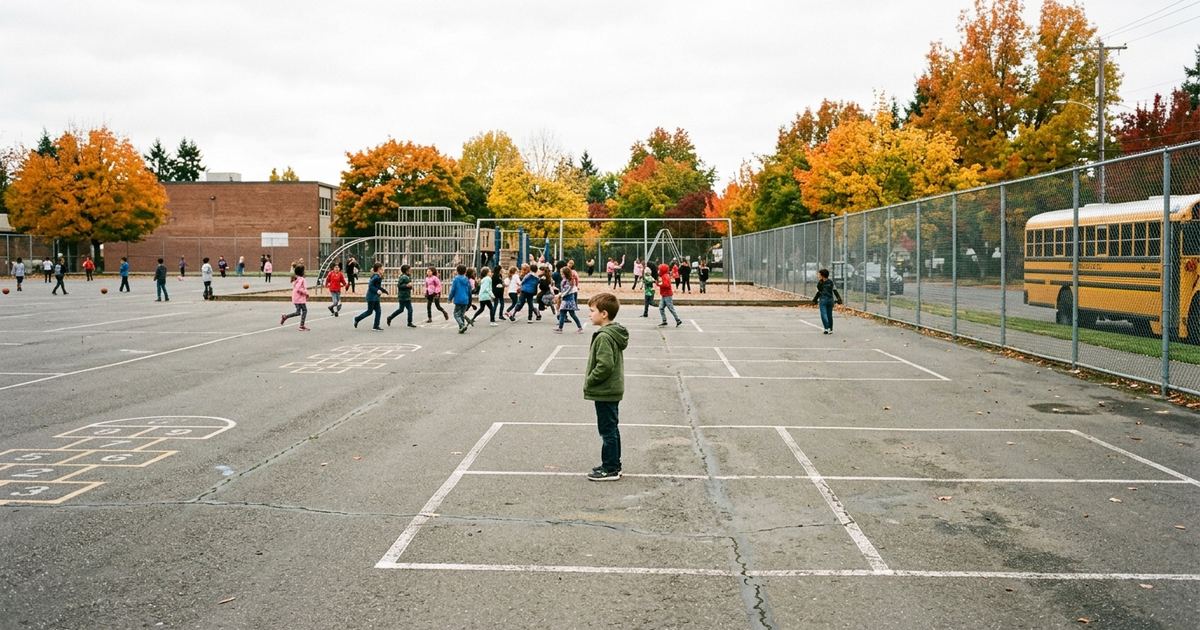 Boy in a green jacket standing alone at the edge of the school blacktop at recess while other kids play further off