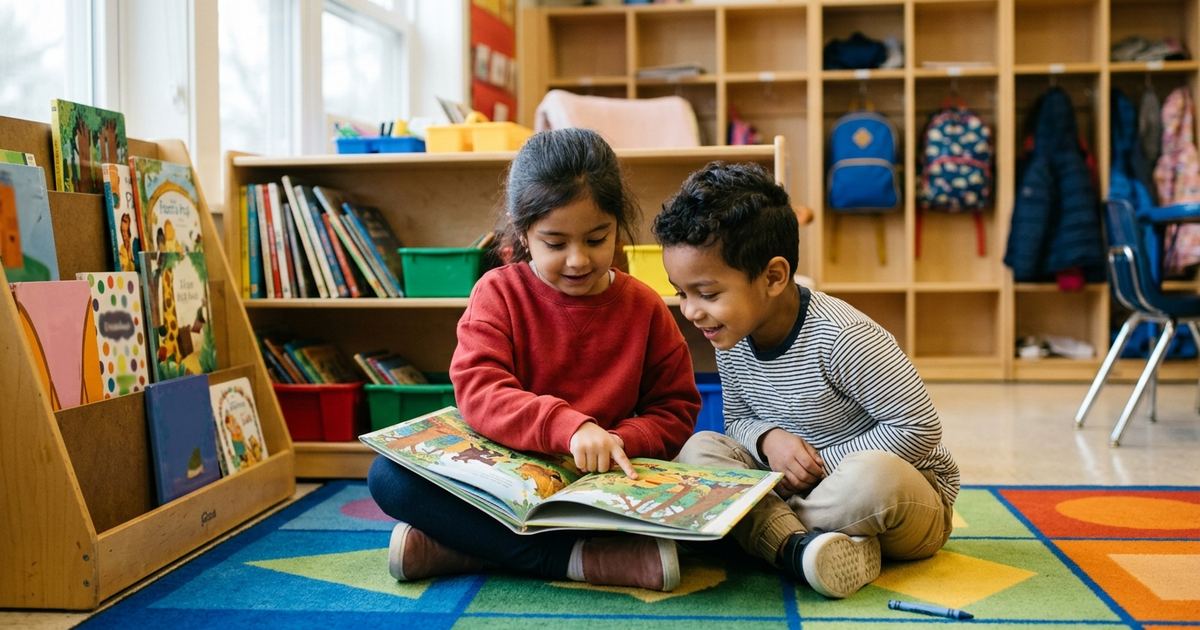 Two kindergartners sharing a picture book on a classroom rug in the reading corner